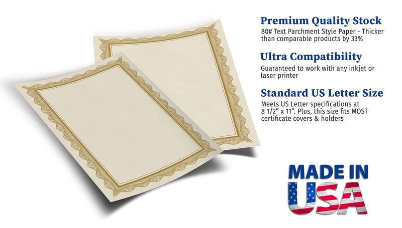 Desktop Publishing Supplies Blank Parchment Certificate Paper for Awards - Works with Inkjet/Laser Printers - Measures 8 1/2" x 11" - Gold Border - 25 Sheet Pack - Image 2